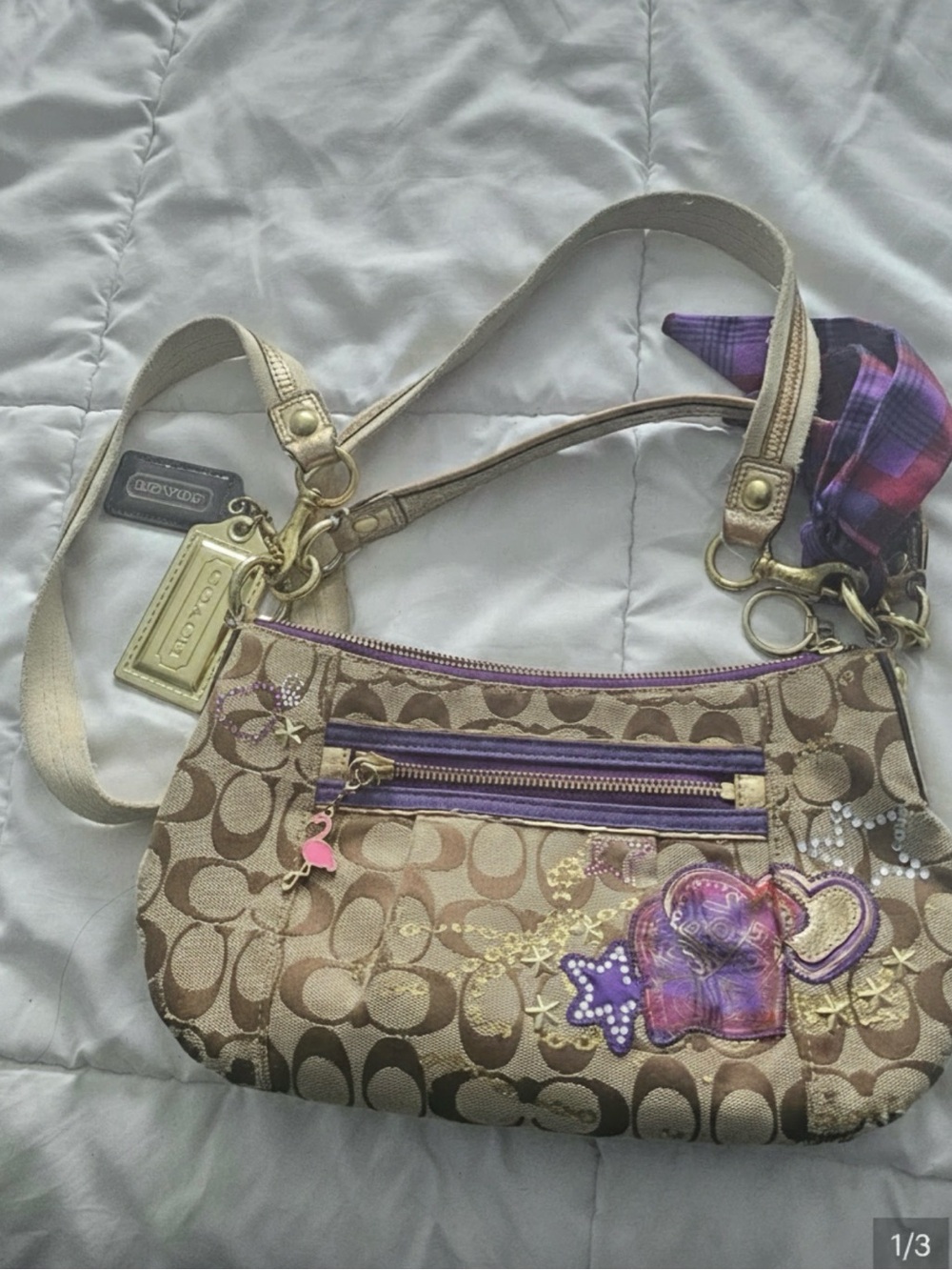 Coach Signature Canvas Shoulder Bag in Beige with Purple Accents